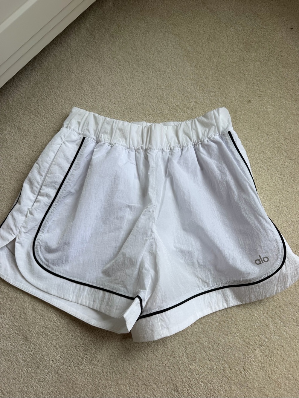 ALO Yoga White Shorts with Black Piping